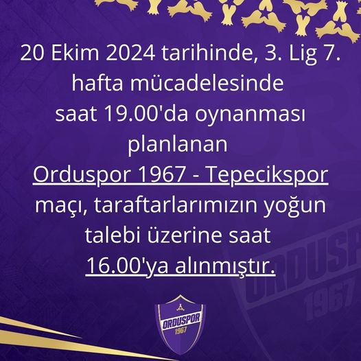 orduspor 1967 maç saati öne çekildi