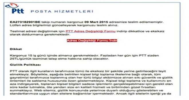 PTT adına gelen bu maile dikkat