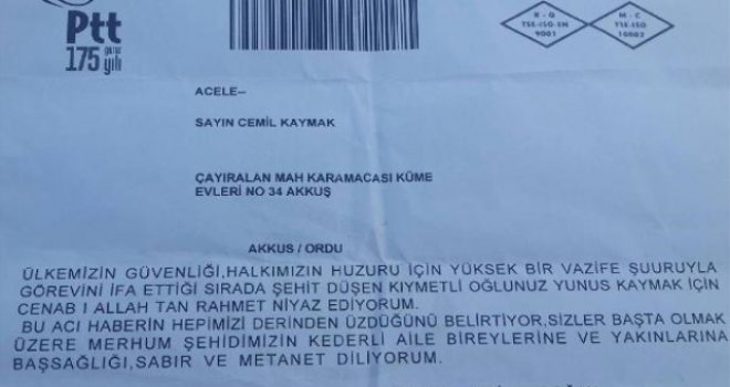 Şehit Yunus Kaymak'ın Ailesine Cumhurbaşkanı Erdoğan'dan Taziye Mesajı