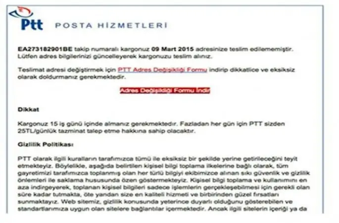 PTT adına gelen bu maile dikkat
